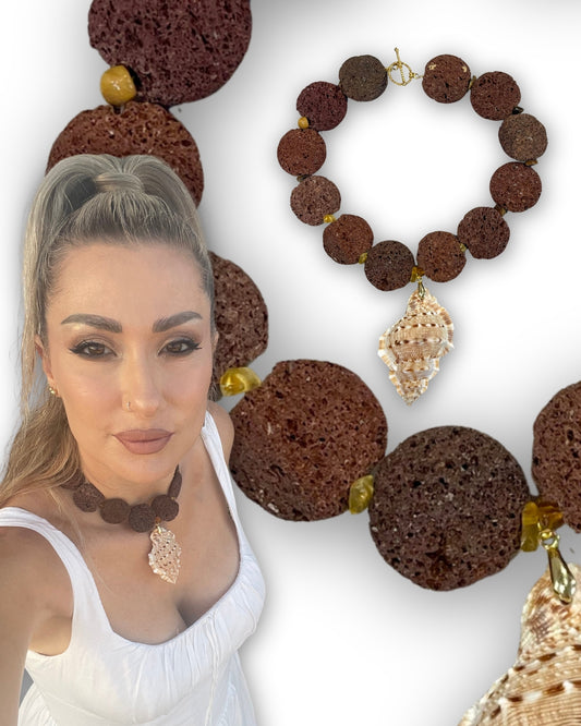 Onde di Fuoco lava stone and sea shell necklace, additional view