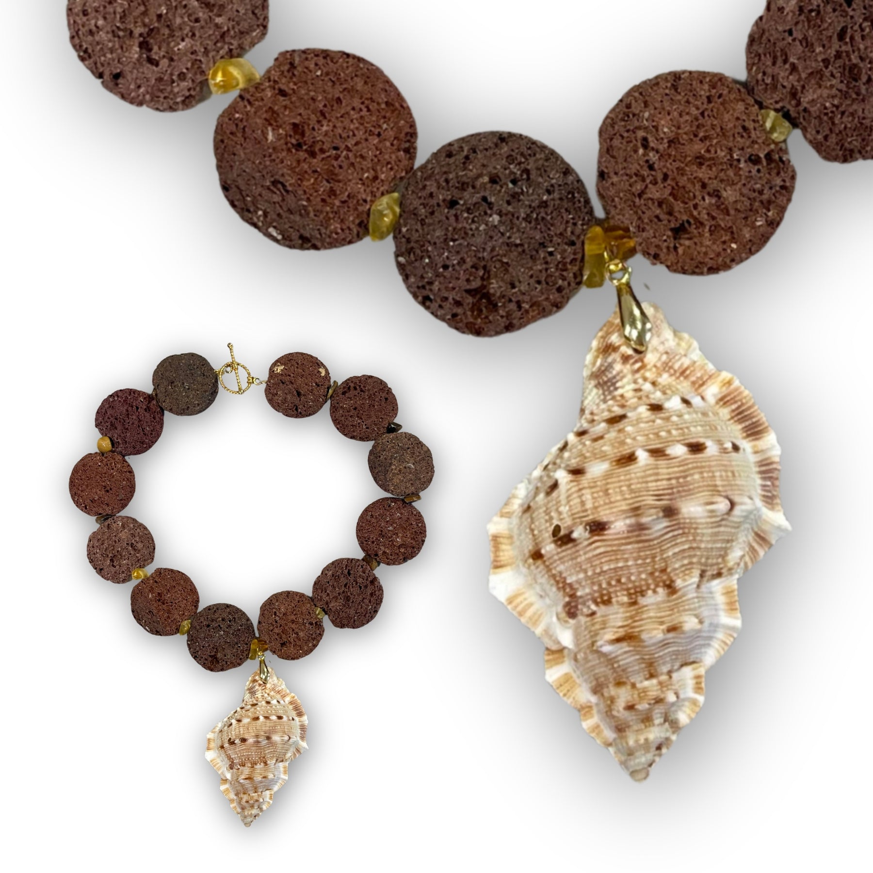 Onde di Fuoco lava stone and sea shell necklace, styled view