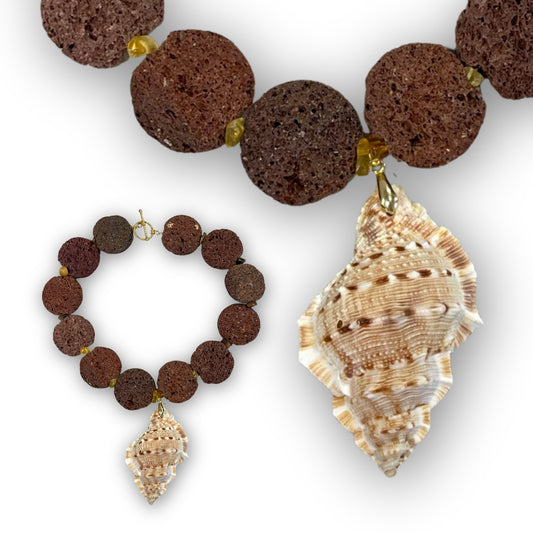 Onde di Fuoco lava stone and sea shell necklace, styled view