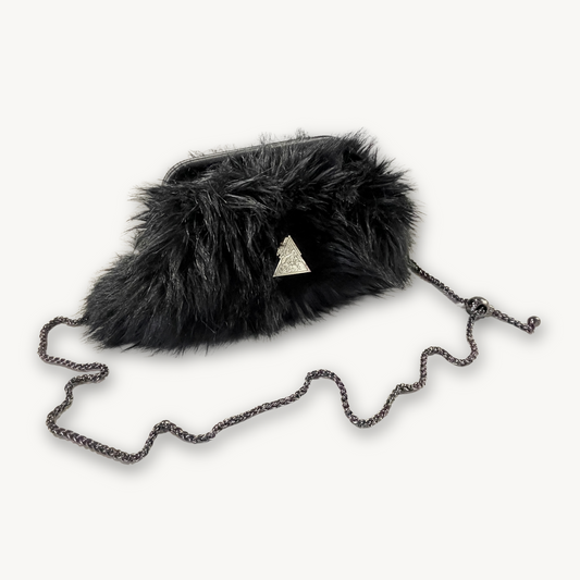 Phoenix Noir black upcycled faux-fur clutch