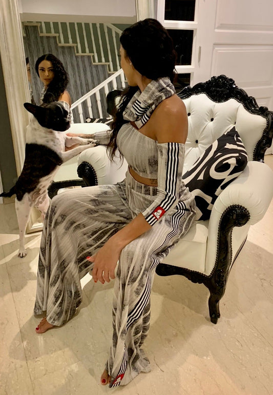 Sandy Dune beige crop top and trouser co-ord set
