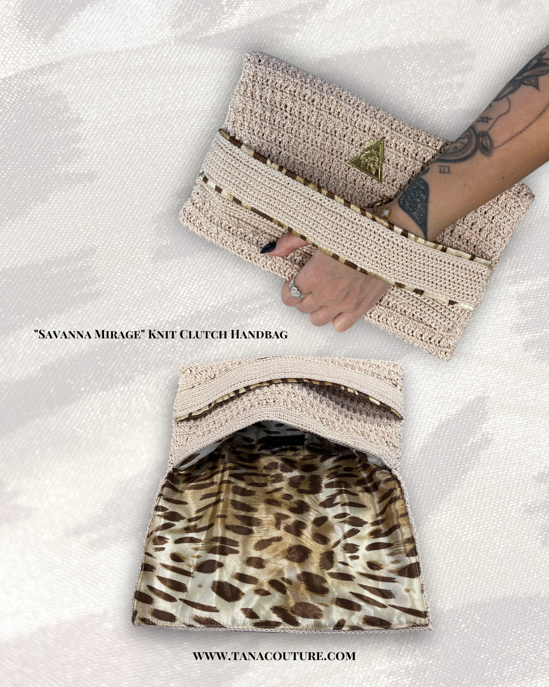 Savanna Mirage clutch with tiger-print lining, detail view