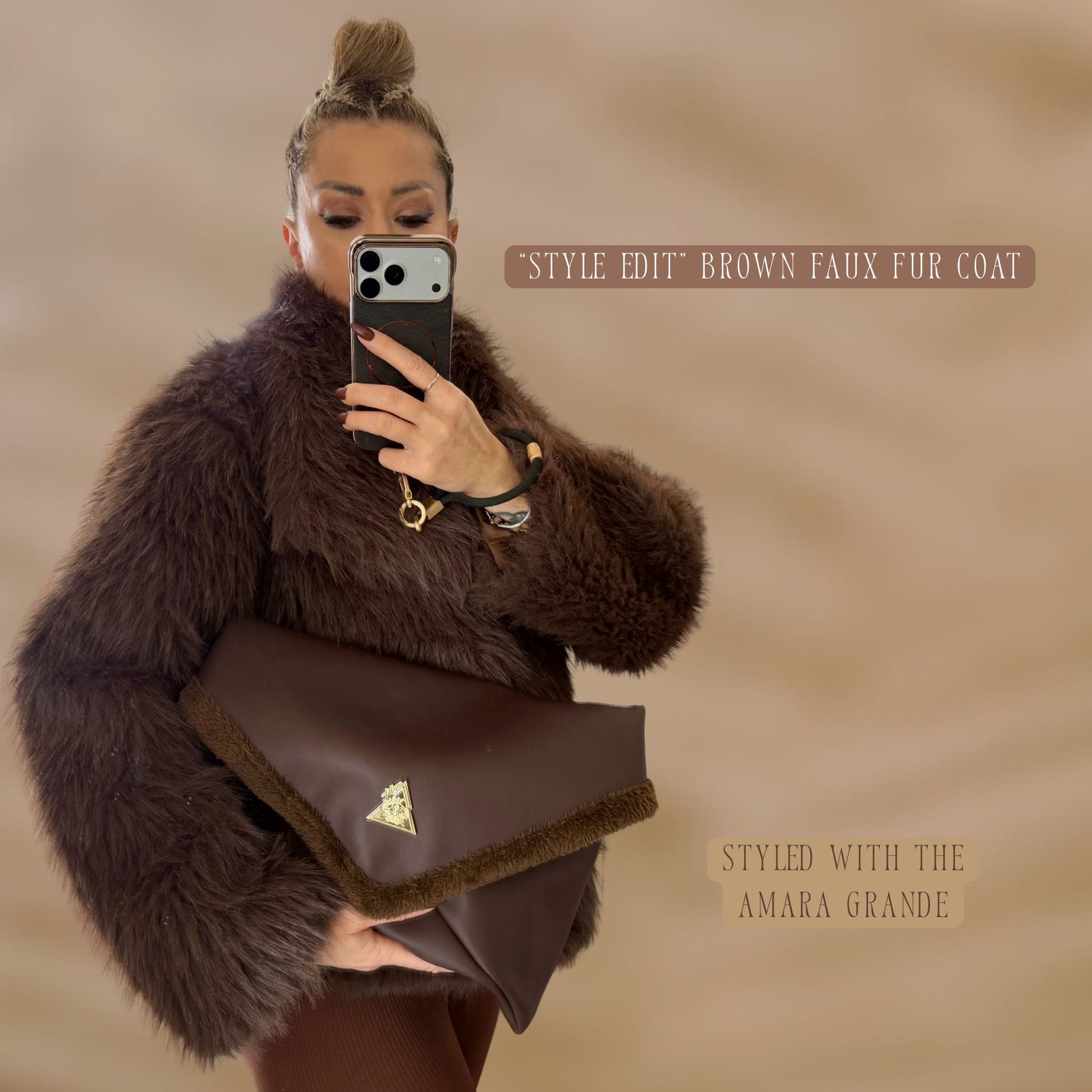 Soft brown faux fur coat featuring natural wooden buttons and practical pockets; a plush, cosy and elegant neutral outerwear piece for women, designed for slow luxury winter styling and refined day to evening looks. This warm, timeless coat elevates everyday outfits with texture, comfort and effortless sophistication. With Amara Duo Grande handbag clutch.
