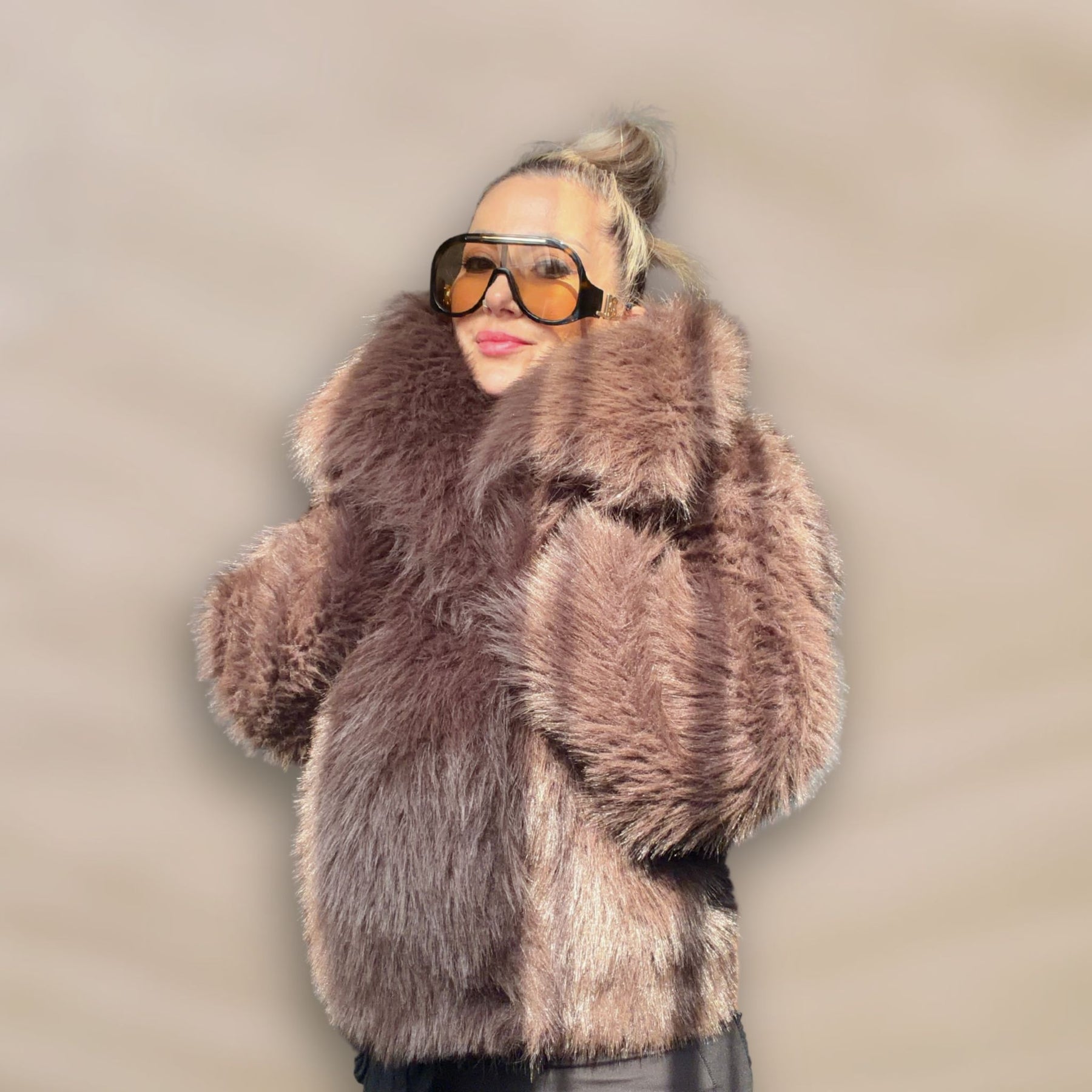 Style Edit brown faux-fur coat with wooden buttons