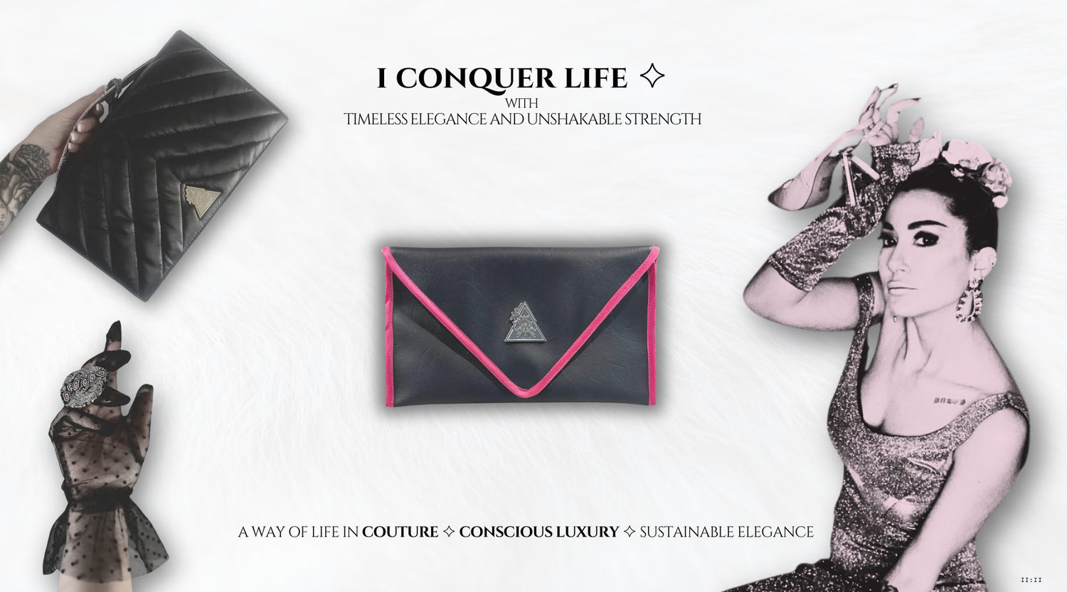 Website hero banner showcasing couture handbags in conscious sustainable luxury design
