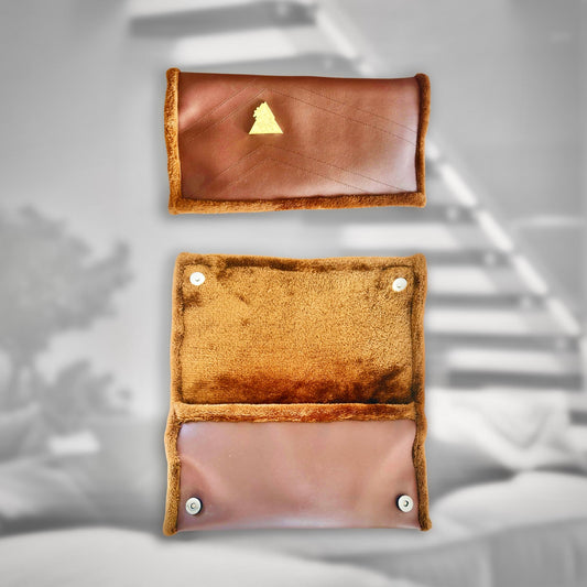 Terra Lusso Multi-Wear Clutch in chocolate brown, premium vegan leather with faux-fur interior and metal logo plate.
