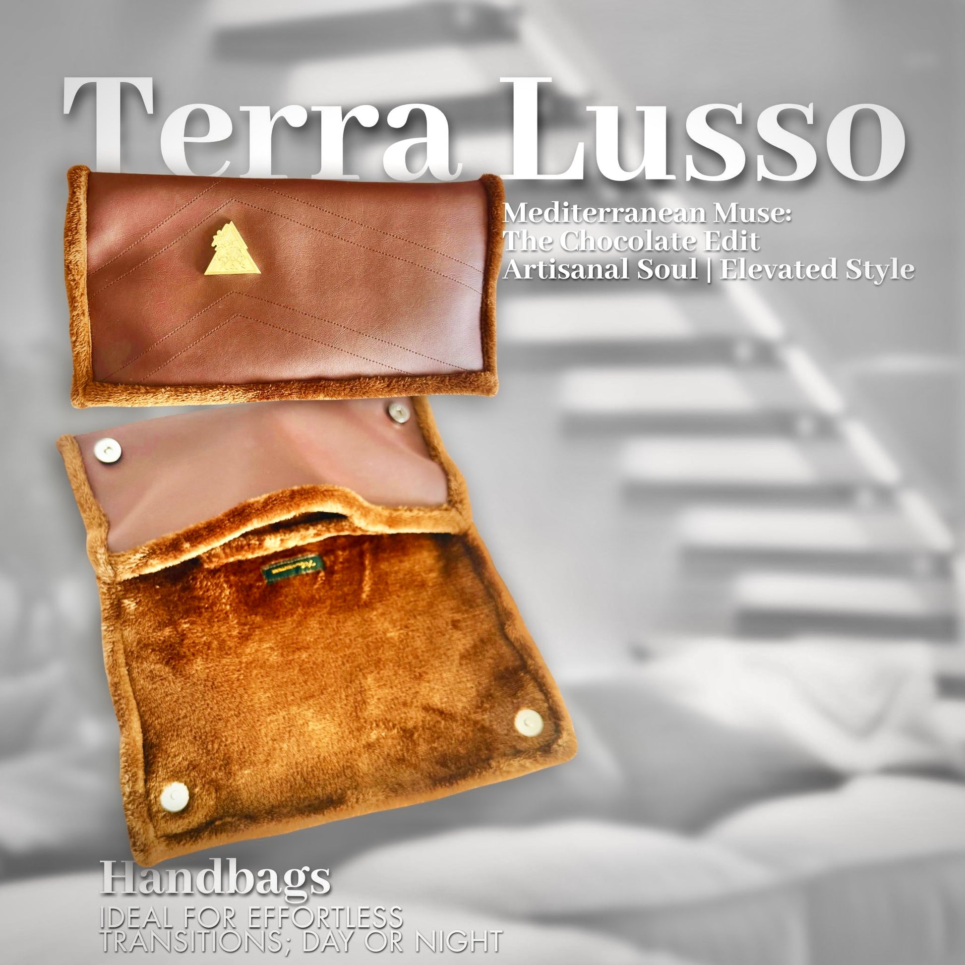 Terra Lusso Multi-Wear Clutch in chocolate brown, premium vegan leather with faux-fur interior and metal logo plate.