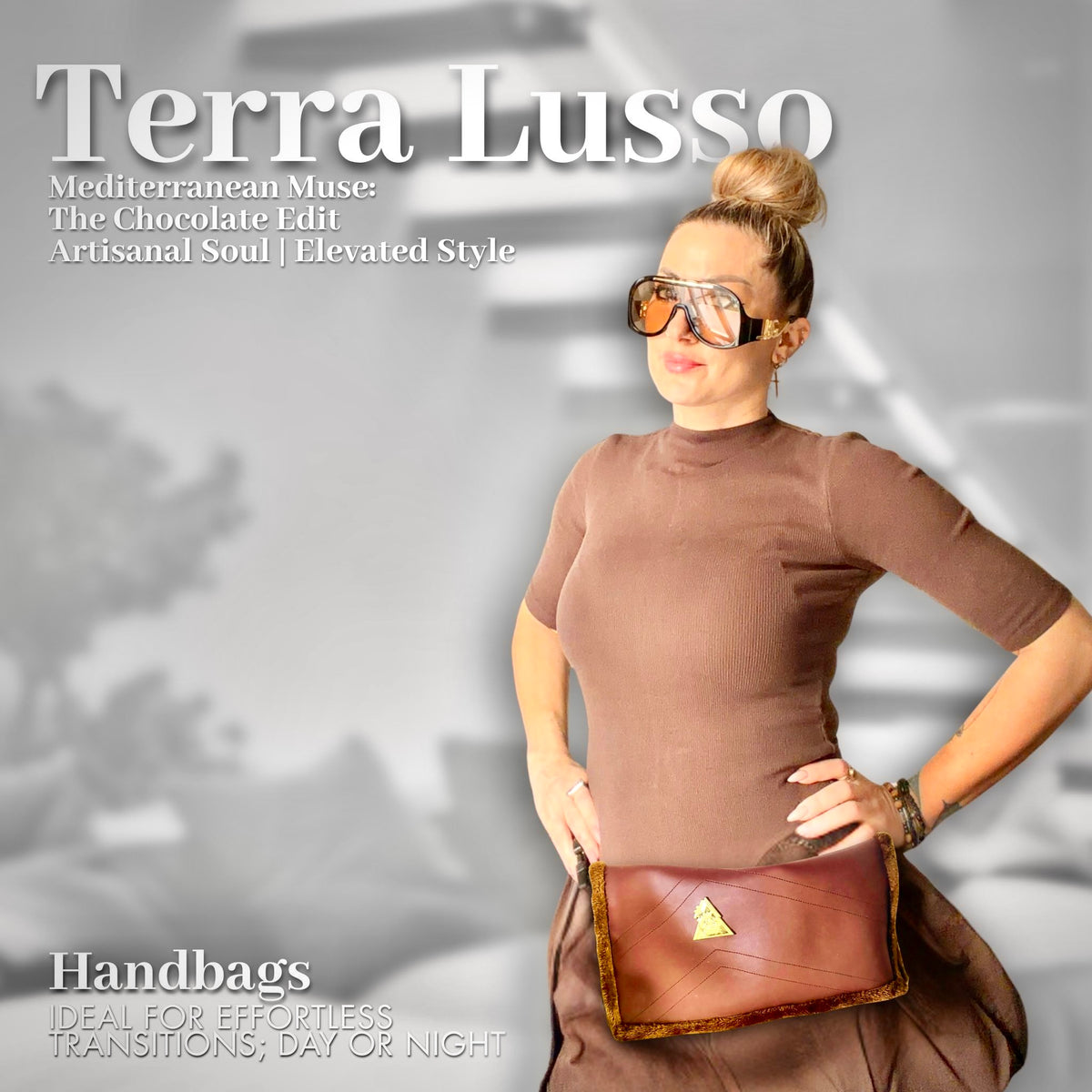 Terra Lusso chocolate-brown multi-wear clutch, styled view