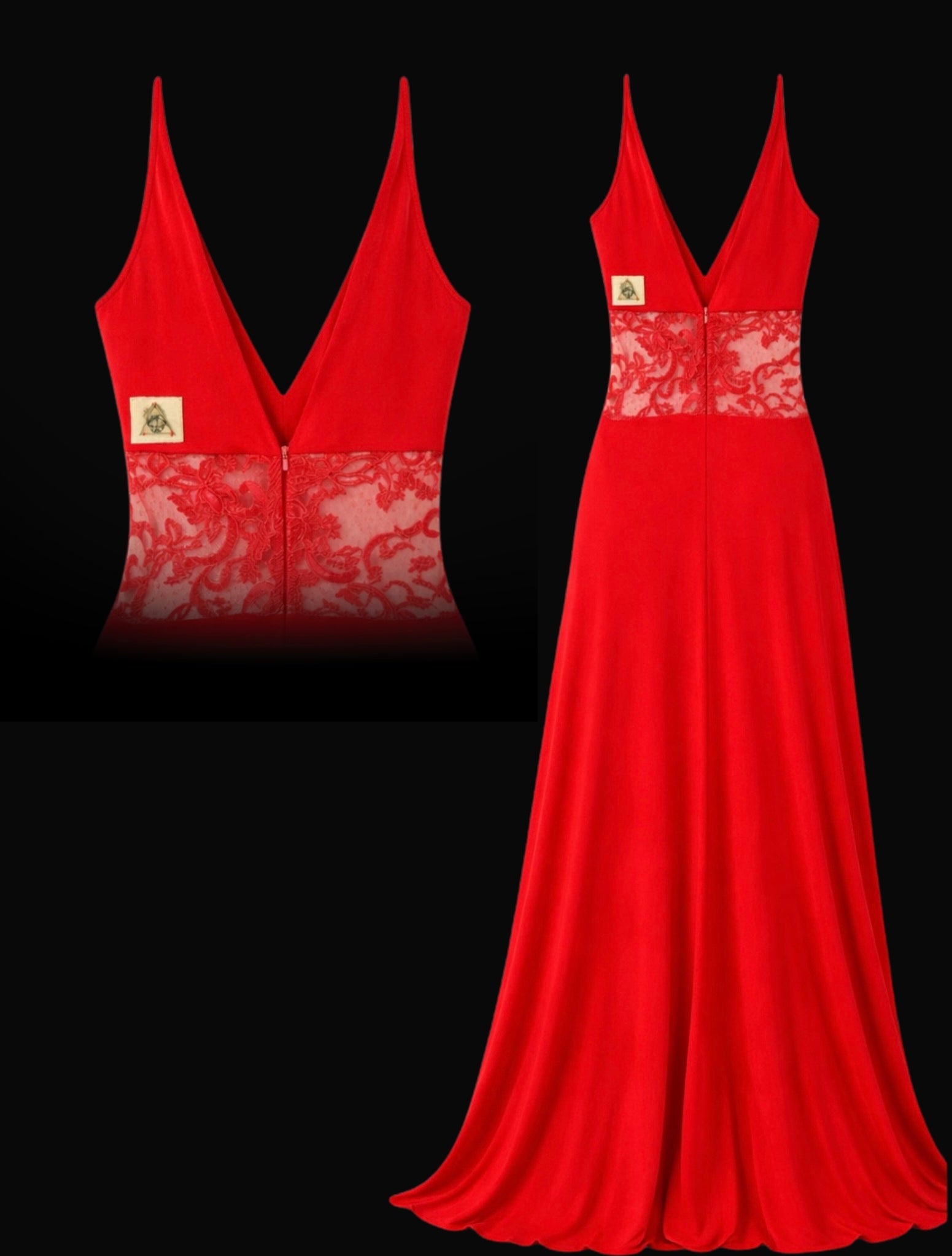 Vestito Rosso Ardente red evening gown with lace detailing, back view