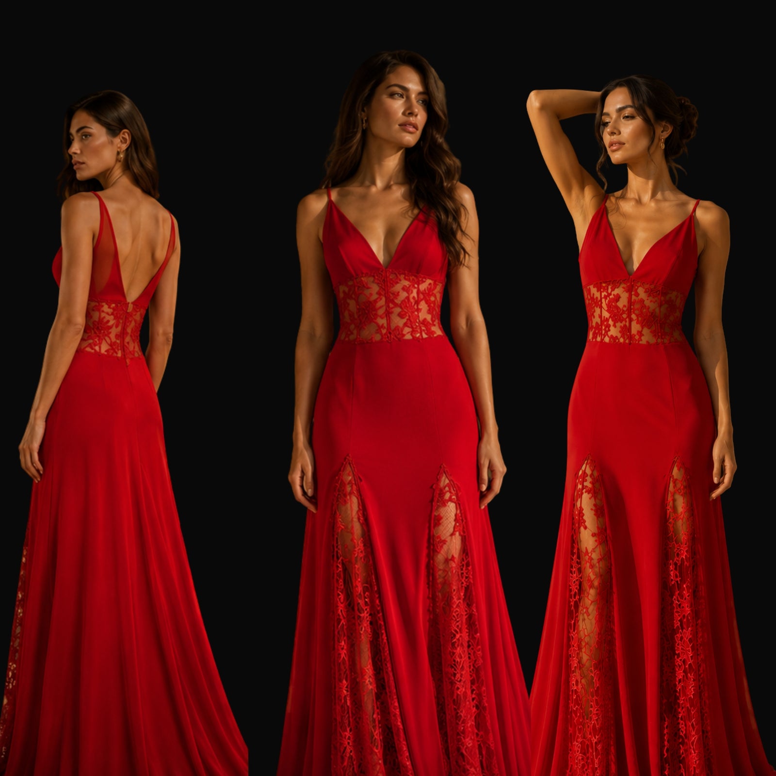 Vestito Rosso Ardente red stretch jersey and lace evening gown, styled side profile
