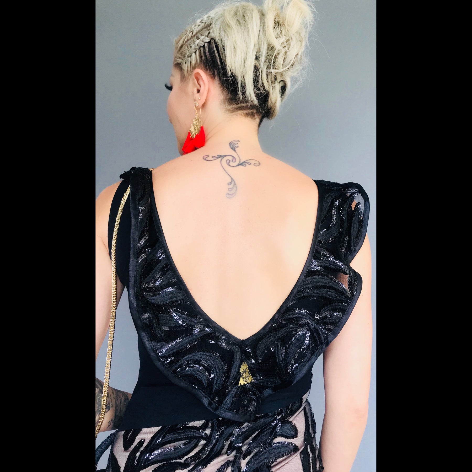 Black Onyx asymmetric lace evening dress, additional view