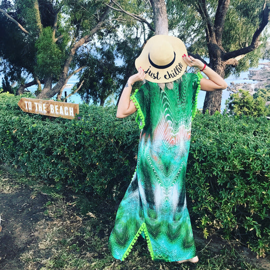 Elysian Field tropical semi-sheer caftan with lime pom-poms