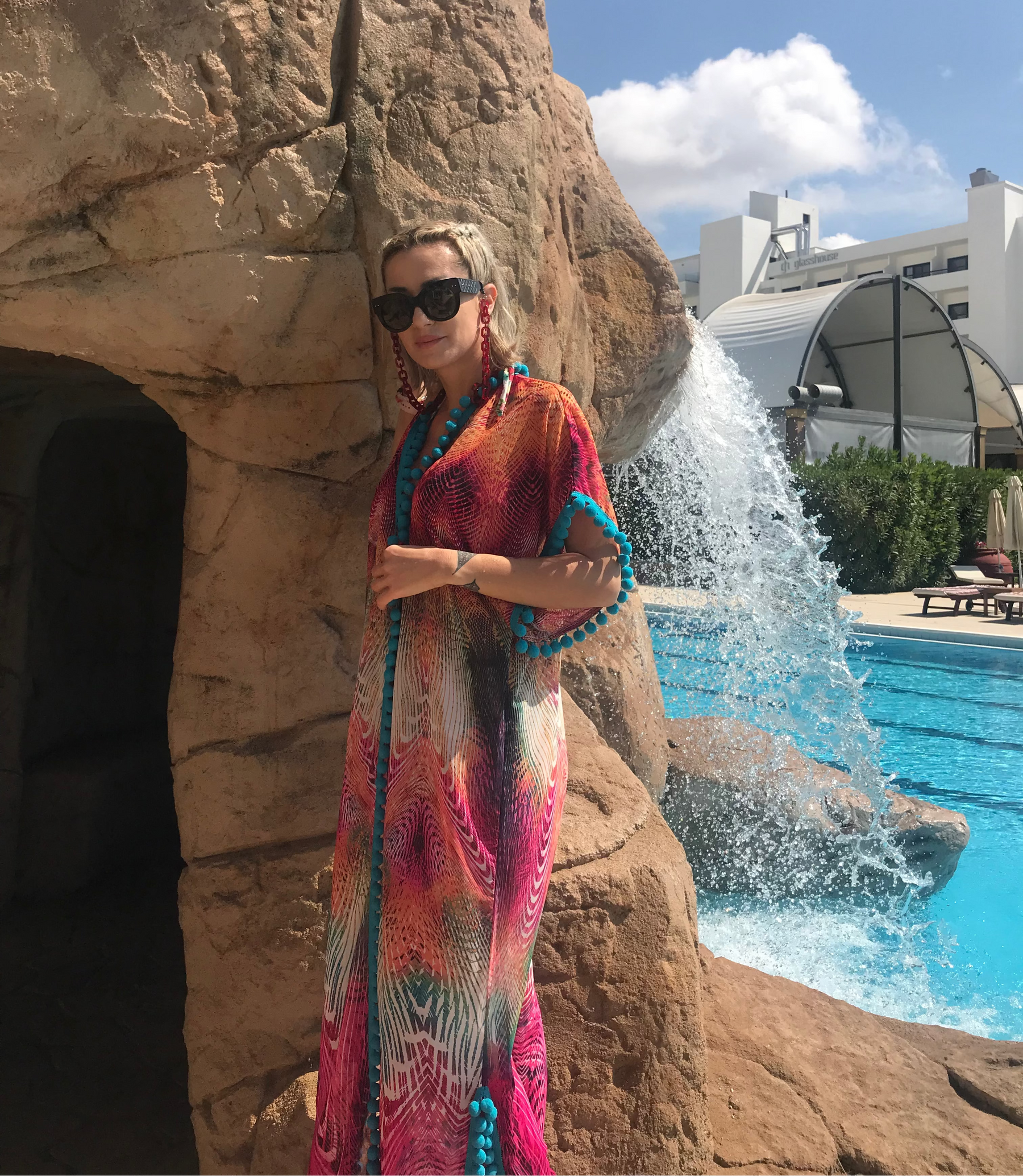 Garden of Eden caftan with blue pom-pom detail