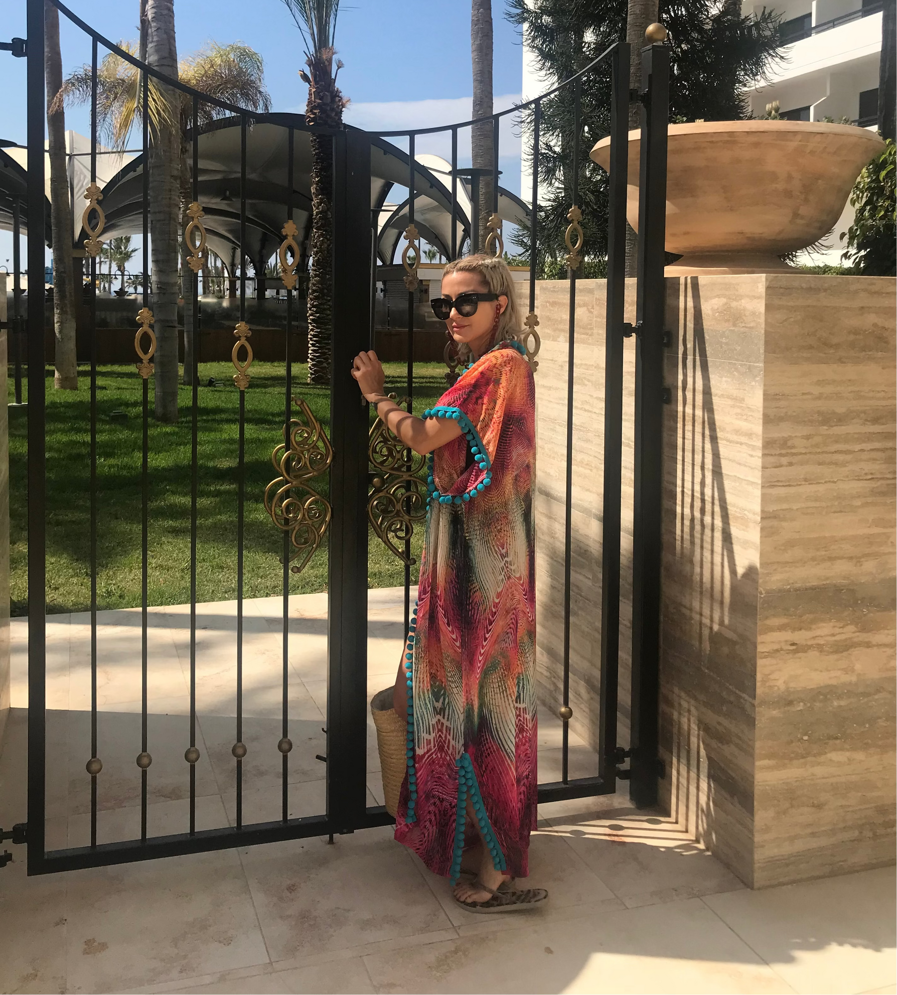 Garden of Eden semi-sheer caftan with blue pom-pom detailing