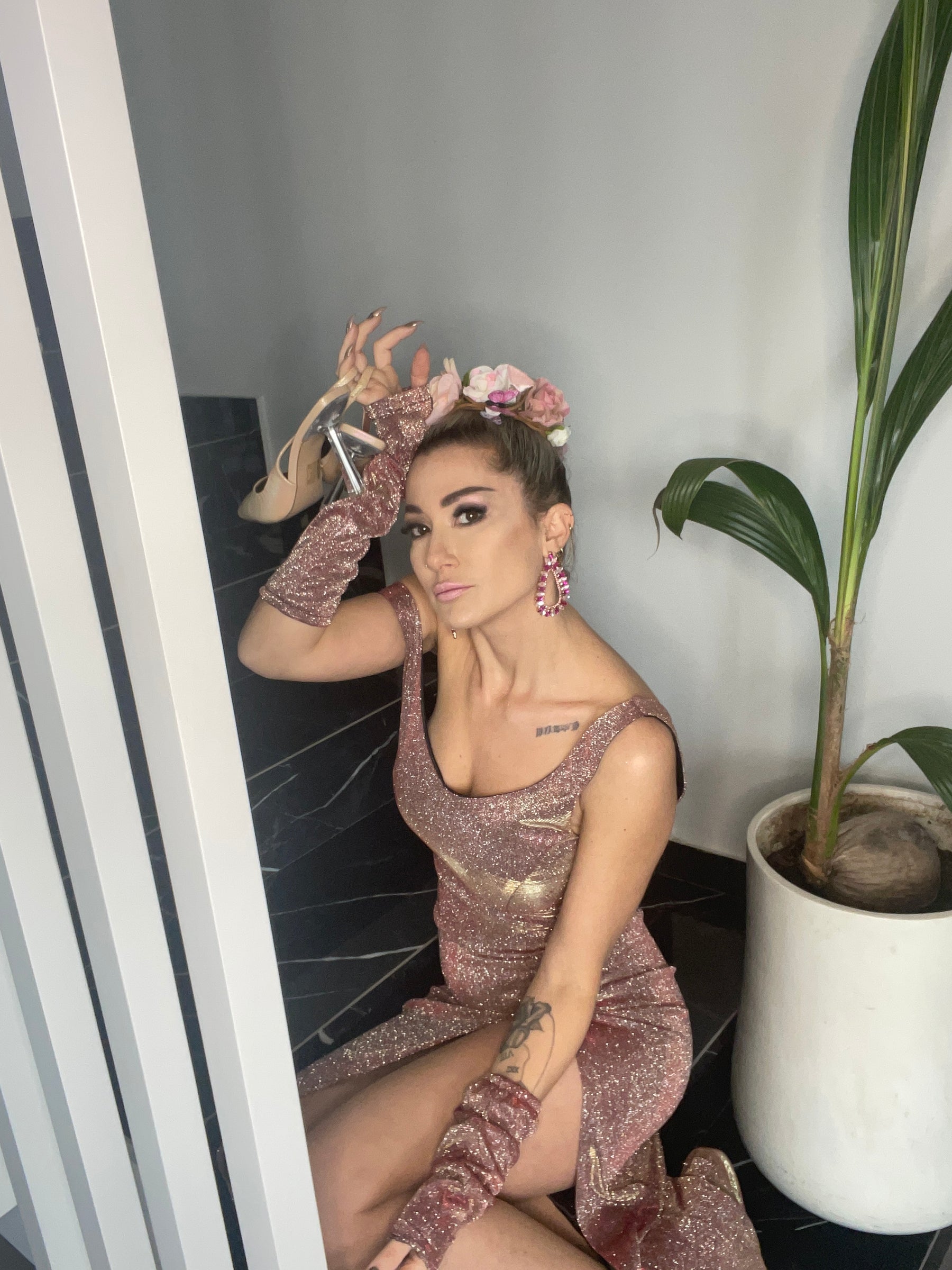 Rosa Iridescent full-length evening dress, styled view