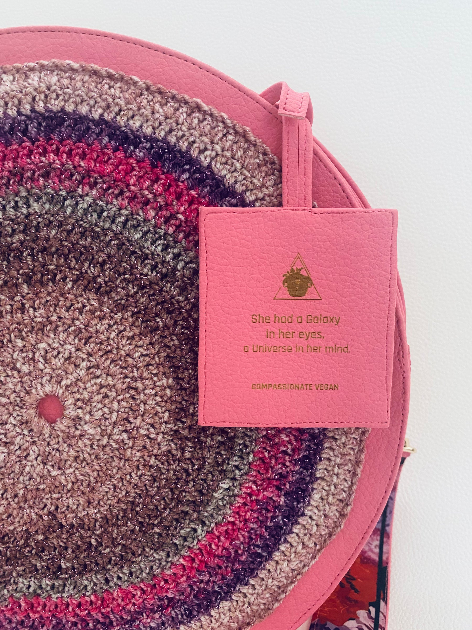 Fluorescent Pink Passion hand-knit handbag, styled view