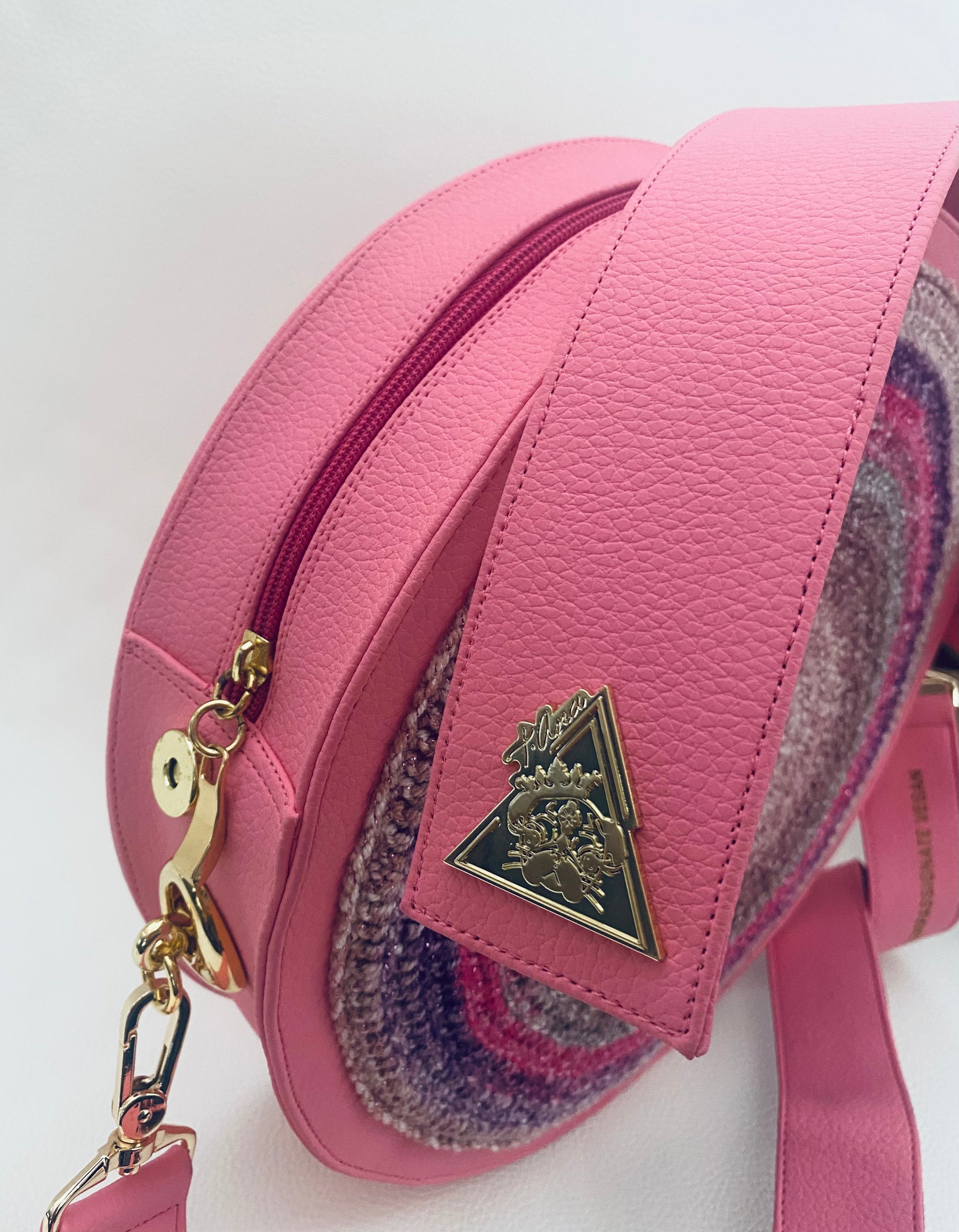 Fluorescent Pink Passion pink and purple handbag, styled view