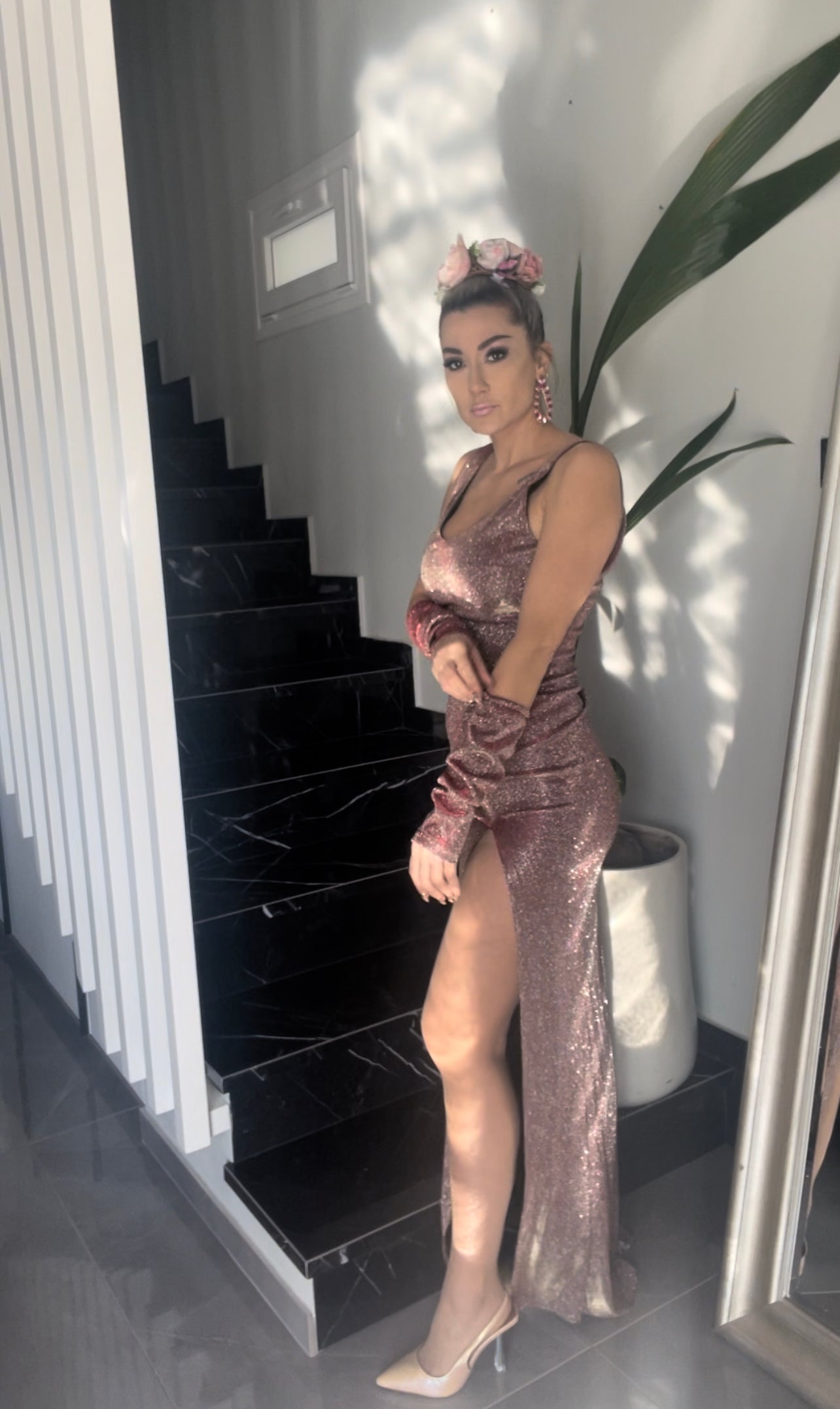 Rosa Iridescent iridescent pink dress, styled view
