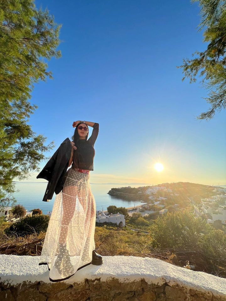 Bianco Miss Polka sheer maxi skirt, styled view