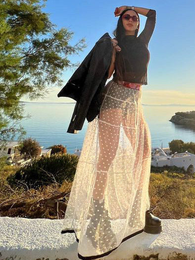 Bianco Miss Polka sheer maxi skirt, styled view